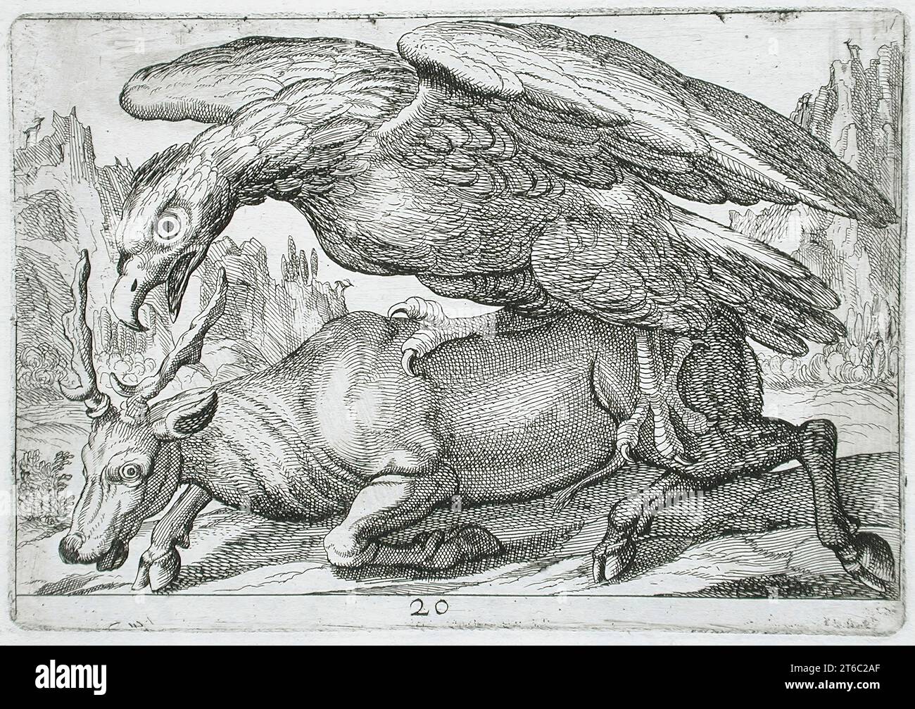 Un Large Bird che attacca un cervo, 1610. Dagli animali da battaglia, PL. 20. Foto Stock