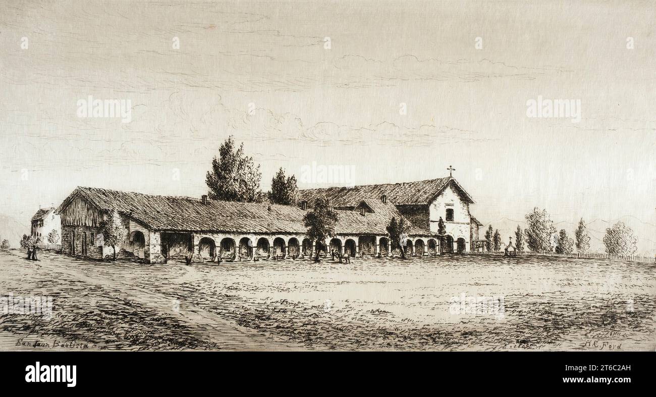 San Juan Bautista, pubblicato nel 1883. Dalle incisioni delle missioni francescane della California. Foto Stock