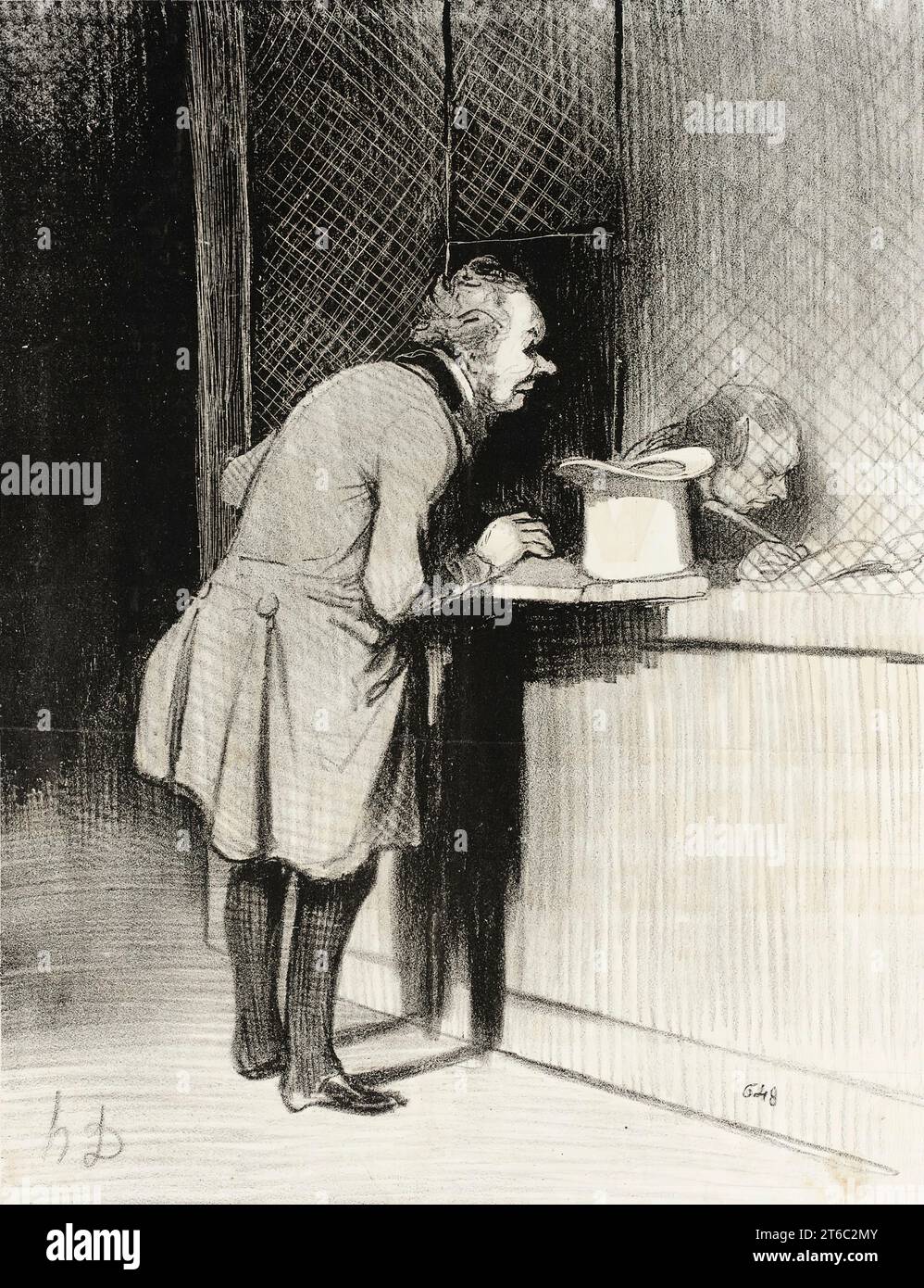Monsieur, je souscris pour le tremblement de terre des Batignolles..., 1844. "Monsieur, je souscris pour le tremblement de terre des Batignolles, voici deux francs, mais ins&#xe9;rez bien mon nom et mon adresse dans votre Journal: Rigolard philantrope papetier, rue St Honor&#xe9;, 345, tient pendules, PL&#xe2;tres de Dantan, verres de Boh&#xea;me, riding-stick anglais, allumettes chimiques allemandes et g&#xe9;n&#xe9;ralement tout ce qui ne concerne pas son &#xe9;tat!'. Signore, vorrei sottoscrivere il terremoto di Batignolles... qui ci sono due franchi, ma abbattere correttamente il mio nome e.. Foto Stock