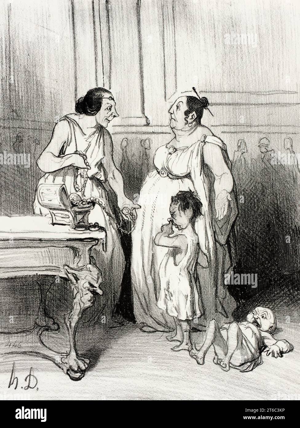 La MèRe des Gracques, 1842. La madre dei Gracchi. Un jour qu'une Lorette avec effronterie lui vantait des joyaux qui valaient quelques sous, EN montrant ses deux fils, l'espoir de la patrie, cette Romaine dit...'Voilà mes seuls bijoux!" (Plutarque). Un giorno, quando una Lorette mostrò sfacciatamente gioielli che valgono qualche sous, mostrando ai suoi due figli, la speranza della patria, questa donna romana disse: "Ecco gli unici gioielli che ho!!”. (Plutarco). Da l'Histoire ancienne. Foto Stock