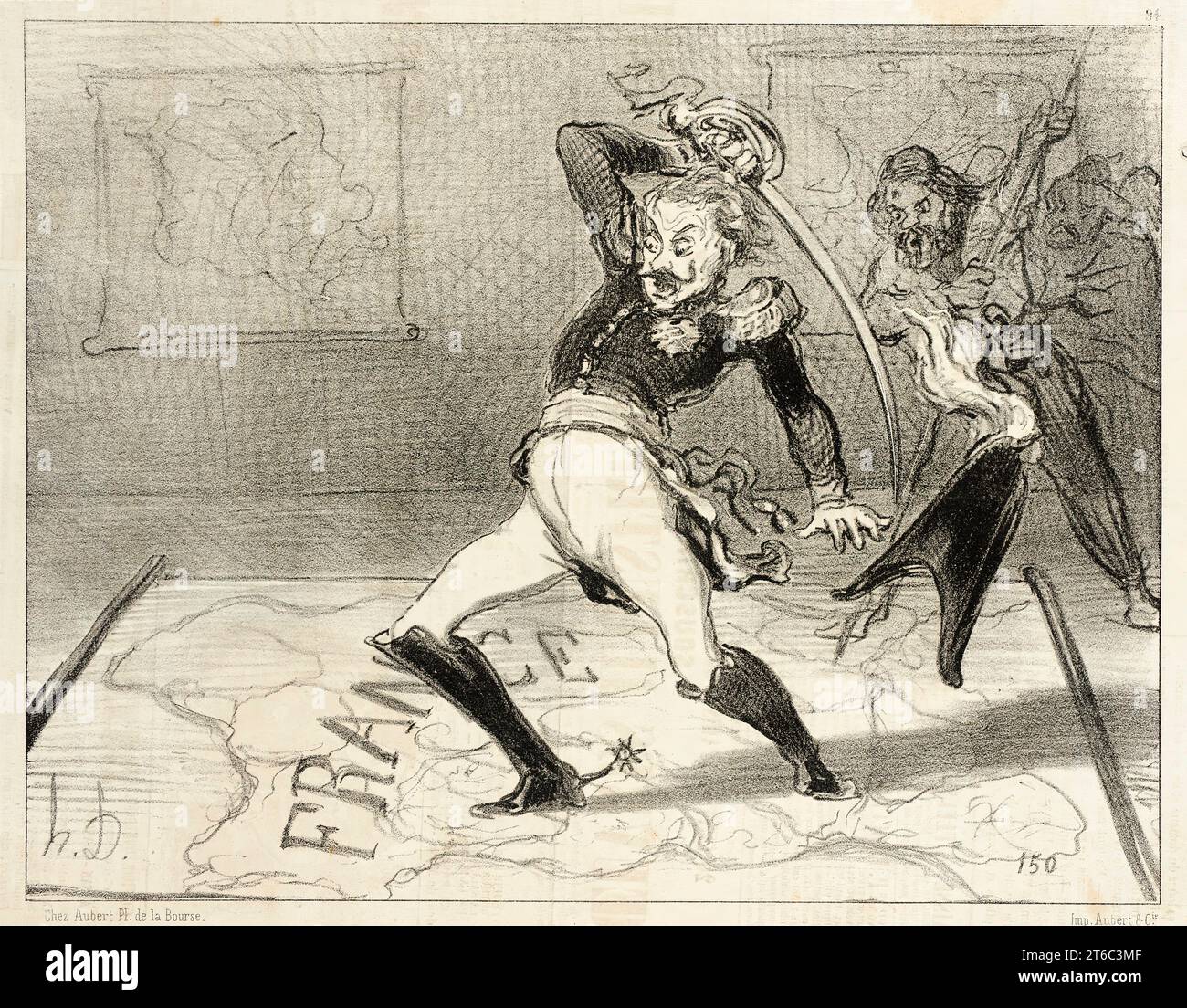 L'Empereur Nicolas travaillant dans son cabinet, 1850. Lo zar Nicola che lavorava nel suo ufficio (cioè attaccando una mappa della Francia con la sua spada). Da Actualités.. Foto Stock