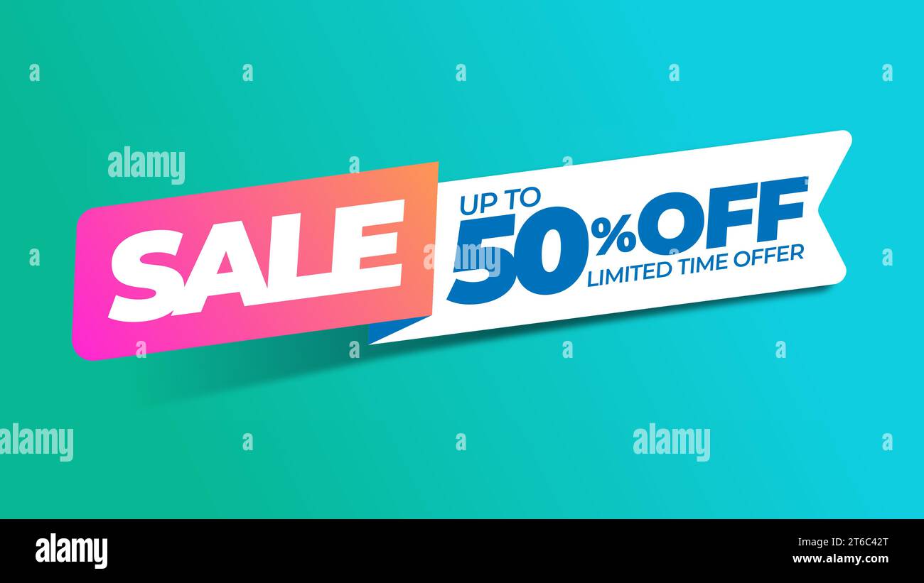 Modello banner sconto di vendita. Offerta promozionale sconto del 50%. Risorse grafiche vettoriali per la progettazione di annunci pubblicitari e tutti i tipi di marketing dei prodotti. Illustrazione Vettoriale