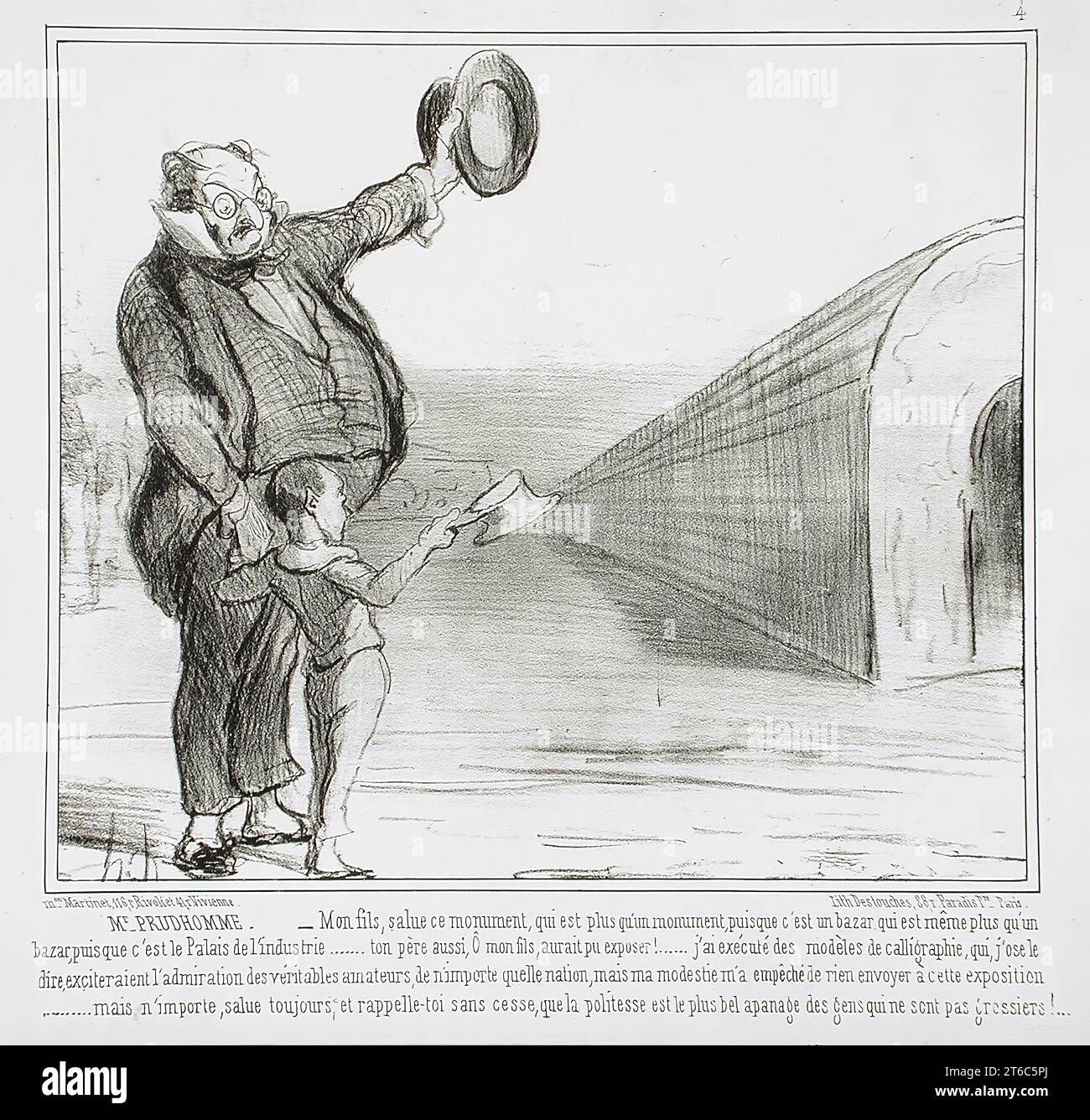 M. Prudhomme - Mon fils, salute ce Monument..., 1855. Monsieur Prudhomme: "Figlio mio, saluta questo monumento, che è più di un monumento, poiché è un bazar, che è anche più di un bazar, poiché è il Palazzo dell'industria. oh, figlio mio, anche tuo padre avrebbe potuto esporre! Ho fatto dei modelli di calligrafia, che, oserei dire, susciterebbero l'ammirazione di tutti i veri intenditori, non importa quale sia la nazionalità, ma la mia modestia mi ha impedito di inviare qualcosa a questa mostra... ma non importa, ricorda sempre, figlio mio, che la cortesia è la gentile prerogativa di una persona ben educata Foto Stock