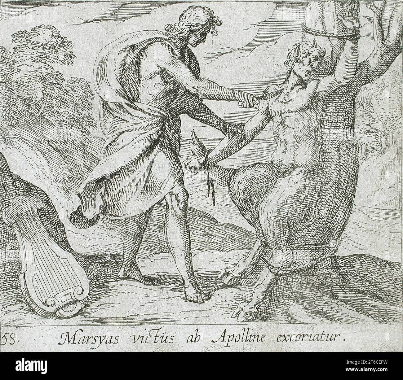 Apollo Killing Marsyas, pubblicato nel 1606. Dalle Metamorfosi di Ovidio, PL. 58. Foto Stock