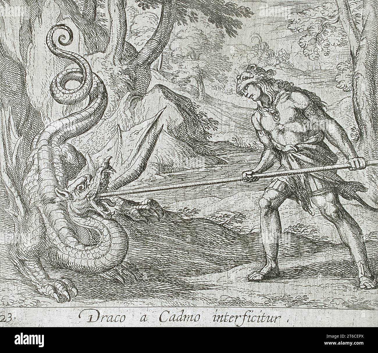 Cadmus Killing the Serpent, pubblicato nel 1606. Dalle Metamorfosi di Ovidio, PL. 23. Foto Stock