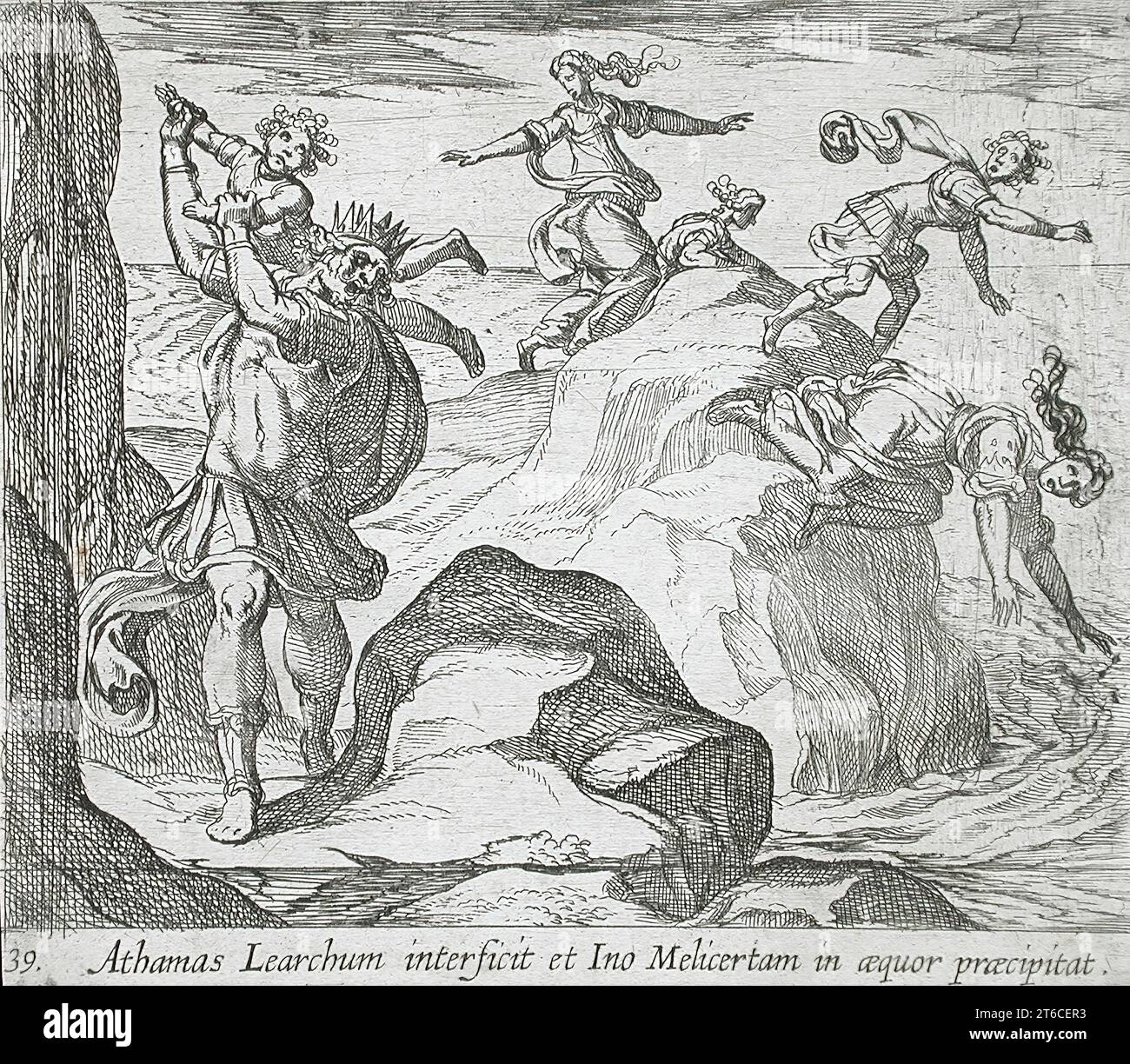 L'folle Athamas che uccide Learco, mentre Ino e Melicertes Jump into the Sea, pubblicato nel 1606. Dalle Metamorfosi di Ovidio, PL. 39. Foto Stock