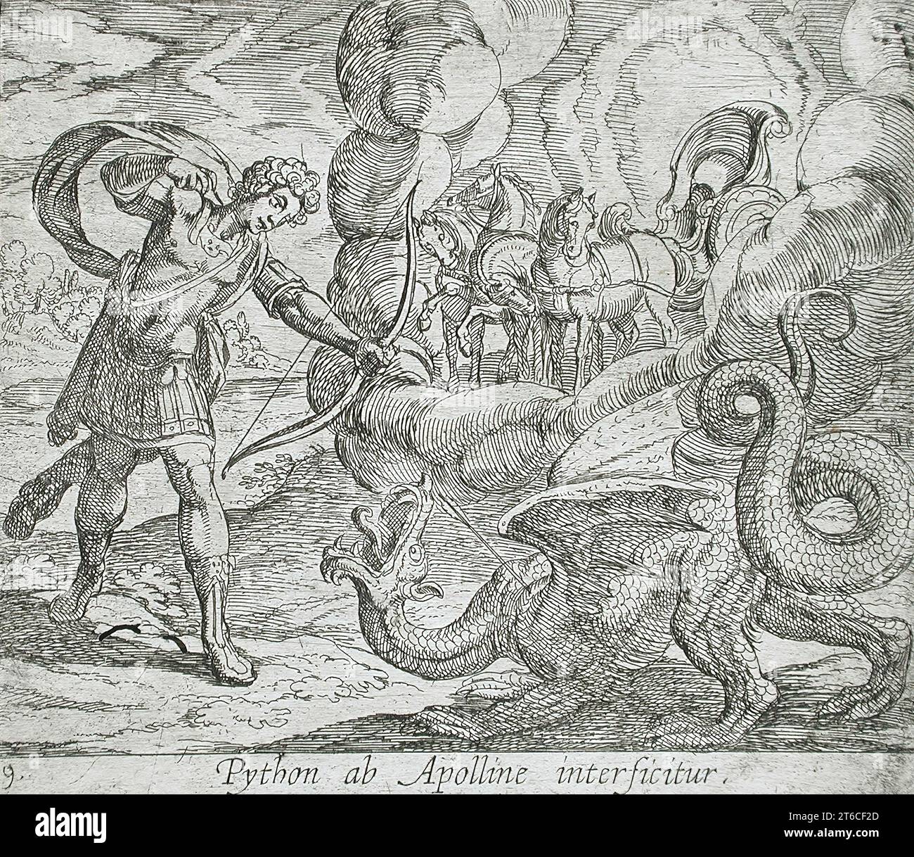Apollo Killing Python, pubblicato nel 1606. Dalle Metamorfosi di Ovidio, PL. 9. Foto Stock