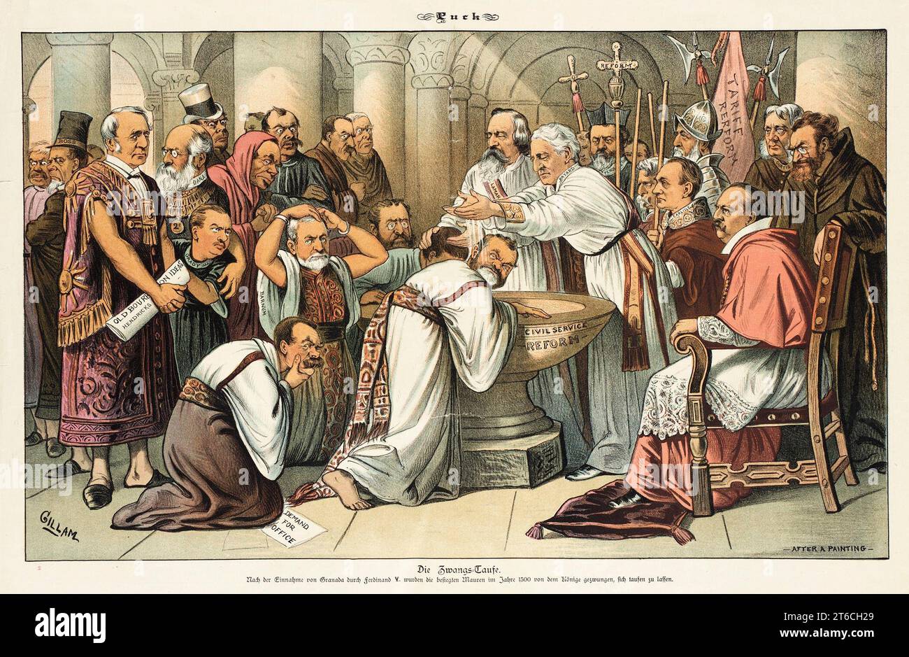 "Battesimo obbligatorio. Nel 1500, dopo la conquista di Granada, Ferdinando V costrinse i Mori sconfitti a sottomettersi al rito del Battesimo", 11 marzo 1885. Rivista Puck. Foto Stock