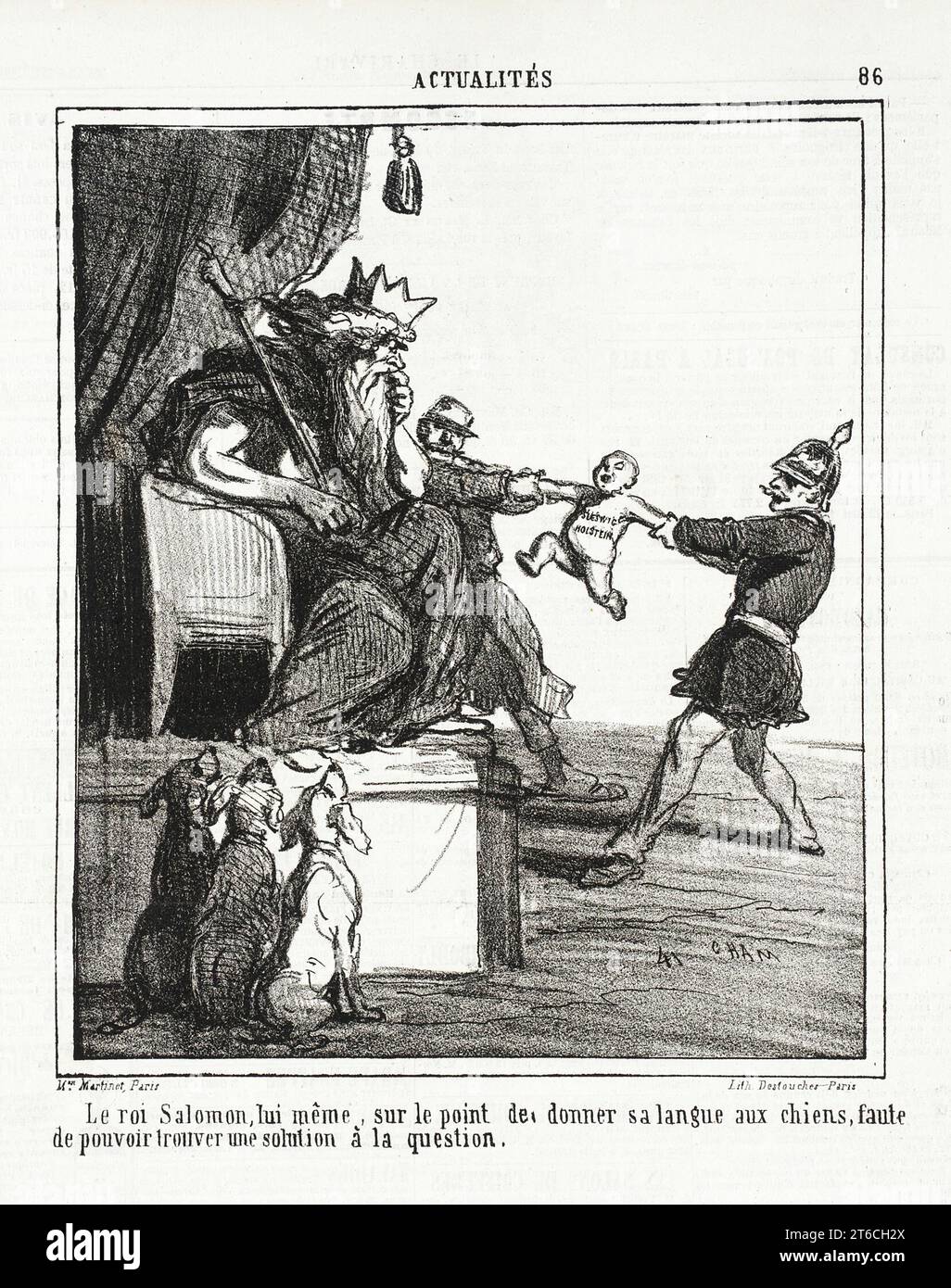 Le roi Salomon, lui -même, sur le Point de donner sa langue aux chiens, faute de pouvoir trouver une Solution à la question, 1864. Serie: Actualités; periodico: Le Charivari, venerdì, 10 giugno 1864.Re Salomone, lui stesso sta per dare la lingua ai cani, incapacità di trovare una soluzione al problema. Foto Stock