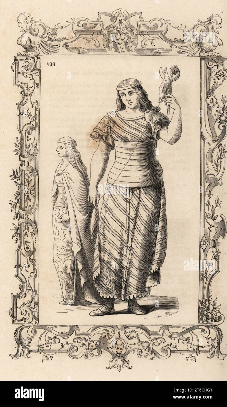 Donne quechua del Perù, XVI secolo. La donna filata con mandrino indossa un abito in cotone a righe e una cintura larga. Un'altra donna indossa un mantello fissato con una spilla al petto. Costume des femmes du Perou. All'interno di una cornice decorativa incisa da H. Catenacci e Fellmann. Incisione a blocchi di legno di Gerard Seguin e E.F. Huyot dopo un taglio su legno di Christoph Krieger di Cesare Vecellios Costumes anciens et modernes del XVI secolo, Habiti antichi et moderni di tutto il mondo, Firman Didot Ferris Fils, Parigi, 1859-1860. Foto Stock