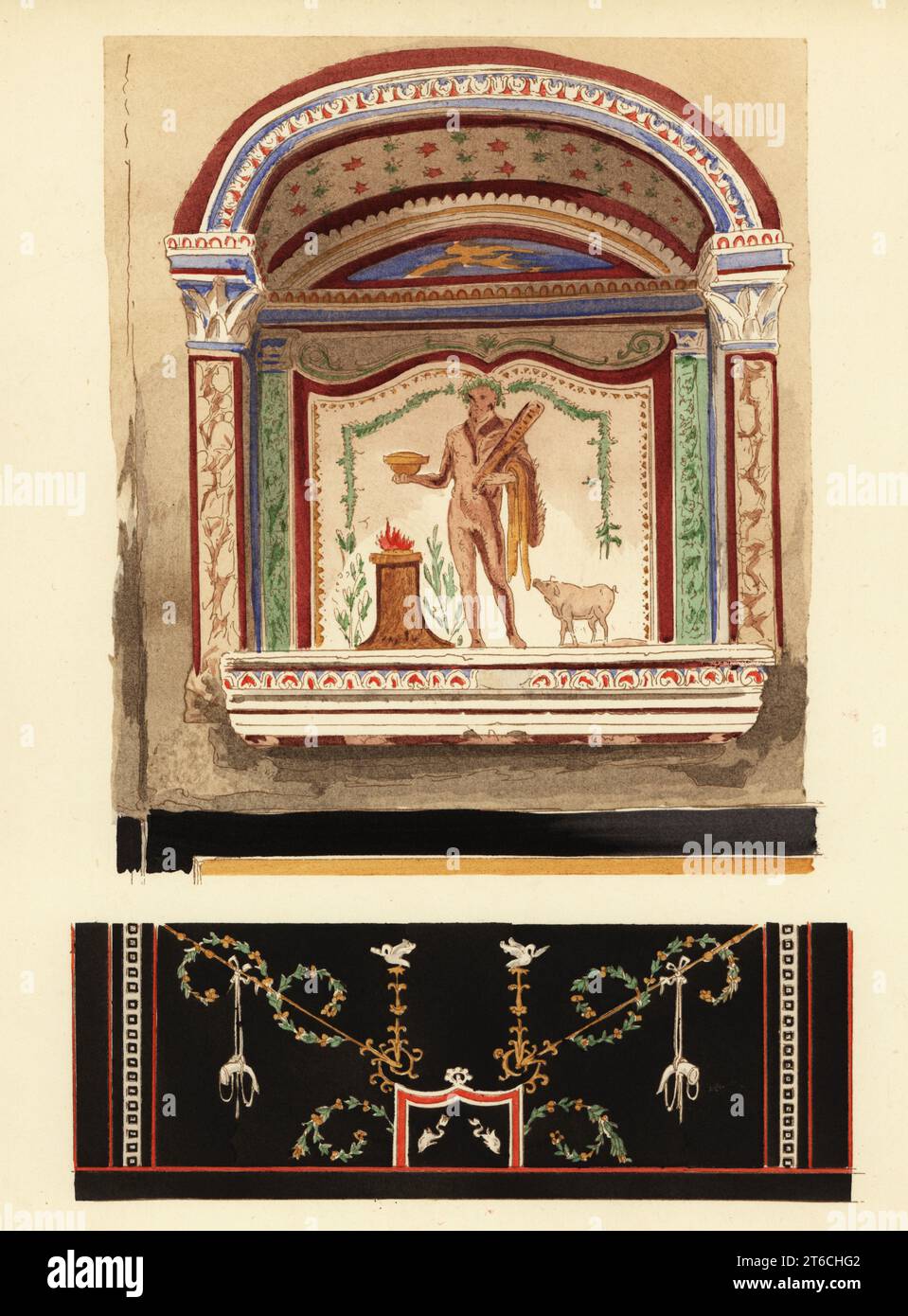 Lararium pittura di nicchia dedicata ad Ercole in una dependance (Casa del Cenacolo, V.2.h) alla Casa delle nozze d'Argento, regione V.2.i.. Pompei. Quarto stile pompeiano. Ringhiera decorativa (sotto). Laraire consacre a Hercule, partie annex de la maison des Noces Dargent, regione V.2. Motivo decorativo di cimaise. Pocoro (stencil) a mano litografia di Pierre Guzman dal suo stesso Decoration murale a Pompei, (decorazione murale a Pompei), Editions Albert Morance), Parigi, 1924. Foto Stock
