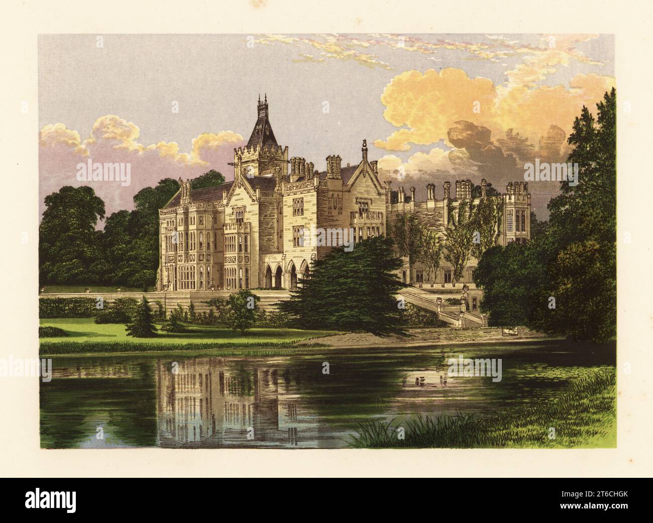 Adare Manor, Contea di Limerick, Irlanda. Antica abbazia e castello riprogettati in stile Tudor nel 1850 dall'architetto Philip Charles Hardwick per William Henry, conte di Dunraven. Woodblock di colore di Benjamin Fawcett nel processo Baxter di un'illustrazione di Alexander Francis Lydon del reverendo Francis Orpen Morriss A Series of Paintful Views of the Seats of Noblemen and Gentlemen of Great Britain and Ireland, William Mackenzie, Londra, 1870. Foto Stock