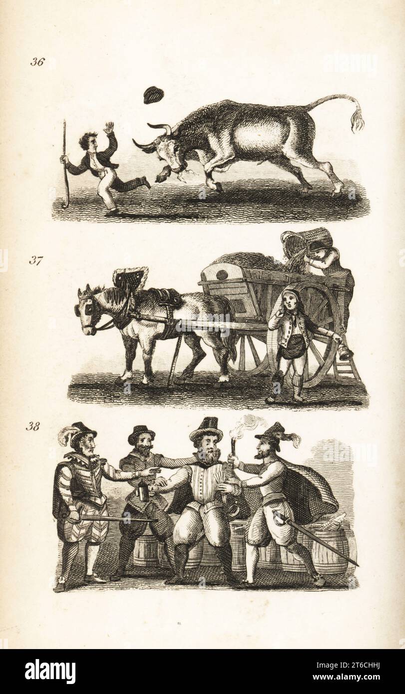 Il bue infuriato, il Dustman e la presa di Guy Fawkes. Ragazzo inseguito da un toro arrabbiato vicino a Smithfield Market 36, pugno con carro trainato da cavalli che rimuove i rifiuti 37 e la cattura del leader del complotto delle polveri in una cantina sotto il parlamento nel 1605 38. Incisione su legno dopo un'illustrazione di Isaac Taylor da City Scenes, or a Peep into London, di Ann Taylor e Jane Taylor, pubblicata da Harvey and Darton, Gracechurch Street, Londra, 1828. Le sorelle inglesi Ann e Jane Taylor furono prolifici poeti romantici e scrittori di libri per bambini all'inizio del XIX secolo. Foto Stock
