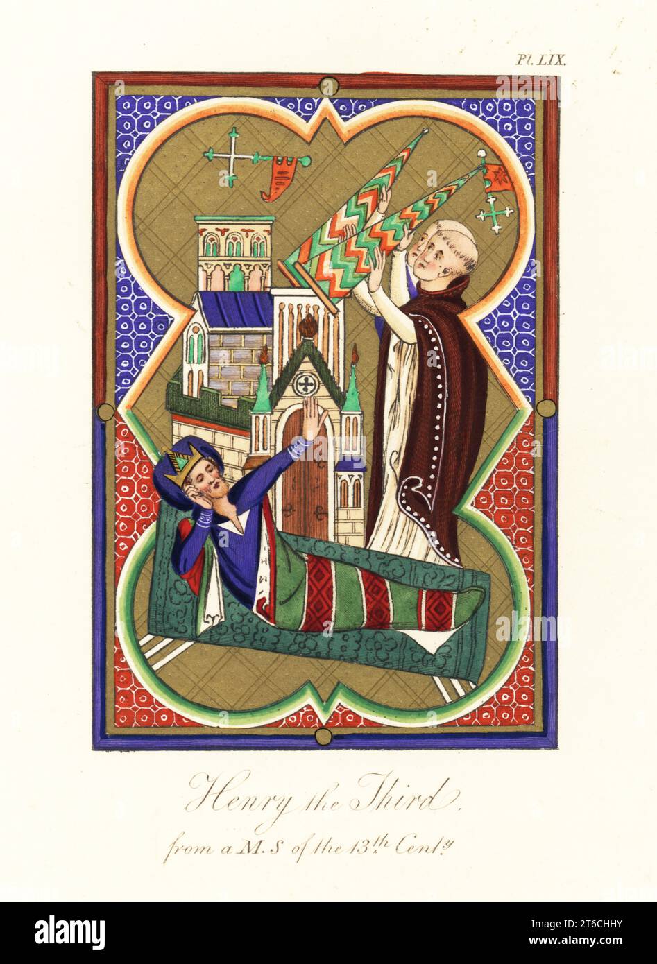 Re Enrico III d'Inghilterra sognando a letto i frati Domenico e Francesco che sostengono la basilica crollante di San Giovanni in Laterano a Roma. (La British Library identifica la figura dormiente come Papa Innocenzo III) Da un Saltero ore con calendario in latino, Harley MS 2356, f.8v. Incisione a mano di Joseph Strutt dalla sua visione completa del vestito e delle abitudini del popolo d'Inghilterra, Henry Bohn, Londra, 1842. Foto Stock