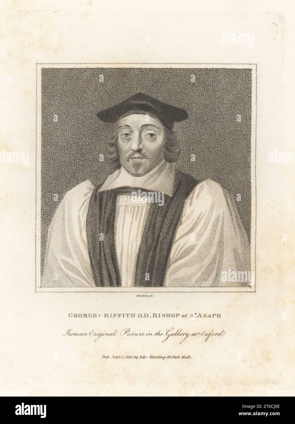 George Griffith, vescovo di St. Asaph, 1601-1666. Accademico gallese educato alla Westminster School, poi tutore e predicatore alla Christ Church, Oxford. In cap, abiti ecclesiastici. Da un dipinto all'università. Incisione su lastra di rame di Edward Harding da John Adolphus il governo britannico, contenente ritratti di personaggi illustri, stampato da T. Bensley per E. Harding, 98 Pall Mall, Londra, 1799. Foto Stock