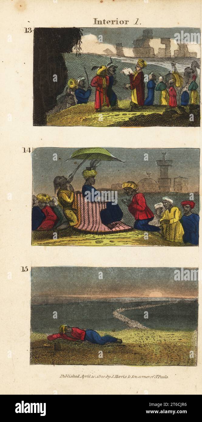 Frederick Horneman leggendo il Corano ai berberi dell'Oasi di Siwa 13, una carovana che saluta il sultano di Fezzan 14, e un viaggiatore lasciato nel deserto. Incisione su copperplate a mano dal Rev. Isaac Taylors Scenes in Africa for the Amusement and Instruction of Little Tarry-at-Home Travelers, Harris and Son, Londra, 1820. Foto Stock
