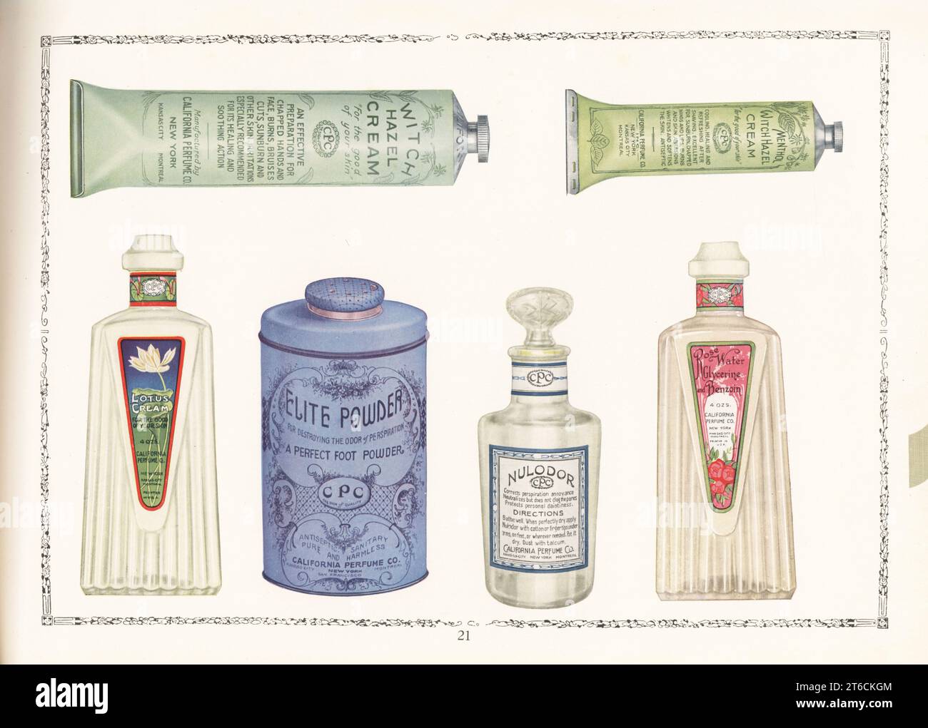 Cosmetici e deodoranti CPC dal 1927. Bottiglia di crema di loto, lattina di polvere per piede Elite, pancetta di deodorante al nulodoro, tubi di crema di Hazel Witch, e pancetta di acqua rosa glicerina e Benzoin. Chromolithograph di un artista sconosciuto del catalogo dei prodotti della California Perfume Company (successivamente Avon), New York, Kansas, Montreal, 1927. Foto Stock