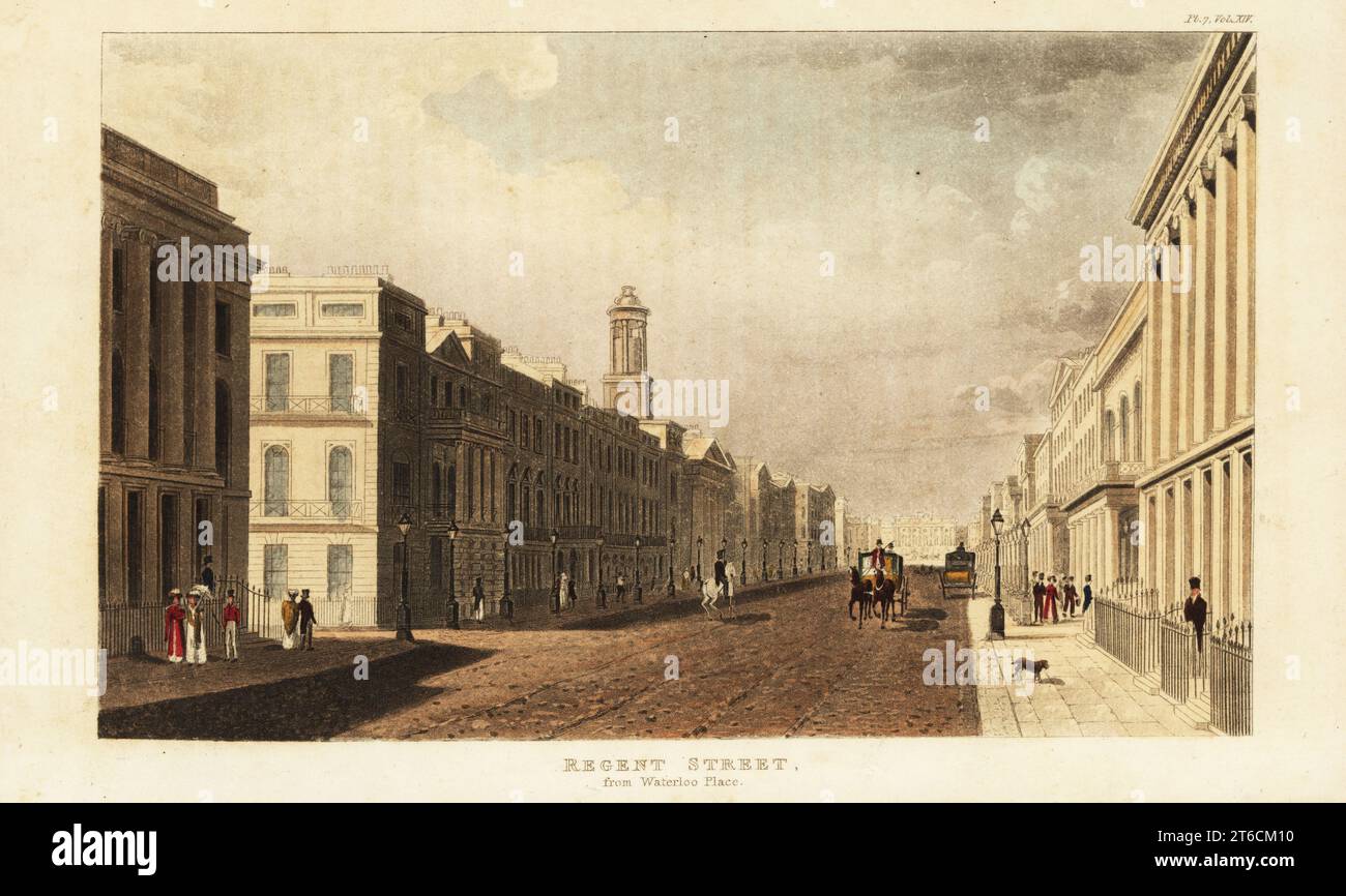 Vista a nord su Regent Street da Waterloo Place sul Pall Mall, Londra. Sulla sinistra, l'ingresso a Charles Street (ora Charles II Street), il Warrens Hotel, il portico e la torretta della Waterloo Chapel, progettato da John Adey Repton, Horticultural Society, ecc... Sulla destra ci sono le case dell'architetto John Nash No. 14 e del politico John Edwards No. 16, lo United Service Club-House, ecc.. Alla fine della strada si trova il County Fire-Office. La strada è fiancheggiata da lampioni illuminati a gas. Incisione in copperplate colorata a mano da Rudolph Ackermanns Repository of Arts, Literature, Fashions, Manufact Foto Stock