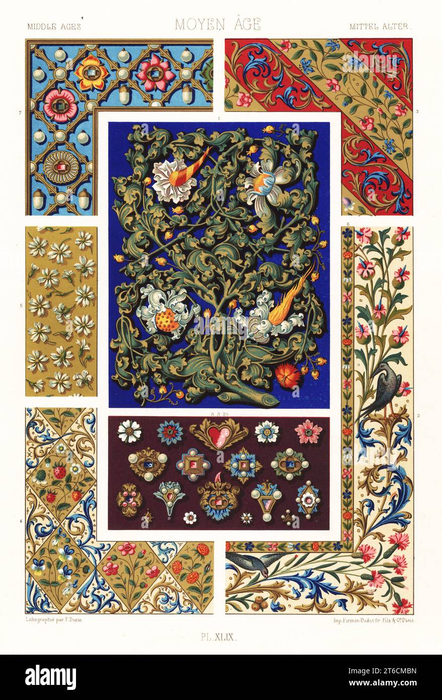Medioevo: Manoscritti miniati, XV secolo. Fiori e gioielli. Esempi da a Book of Hours MS 1173 1,2, la leggenda Dore MS 6889 3,4 di Jean Foucquet, manoscritti nell'Arsenal 5,6, Libro delle ore della famiglia Schoenborn 7, e gioielli ai margini di un manoscritto Seneca MS 8551, Bibliotheque Nationale. Moyen Age. Cromolitografia rifinita a mano da F. Durin di Albert-Charles-Auguste Racinets LOrnement Polychrome, (decorazione policromatica), Firmin-Didot, Parigi, 1869-73. Foto Stock