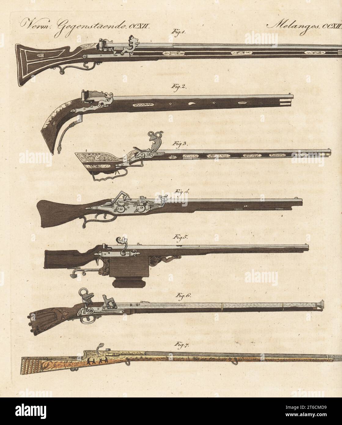 Armi da fuoco e fucili insoliti. Grande fiammifero pesante del 1615 1, vecchio fiammifero spagnolo 2, vecchio fucile da caccia spagnolo 3, fucile a doppia serratura 4, fucile con caricatore 5, vecchio fucile turco 6 e fucile persiano 7. Incisione in copperplate a mano da Carl Bertuch's Bilderbuch fur Kinder (Picture Book for Children), Weimar, 1815. Un'enciclopedia in 12 volumi per bambini illustrata con quasi 1.200 tavole incise su storia naturale, scienza, costume, mitologia, ecc., pubblicato dal 1790-1830. Foto Stock