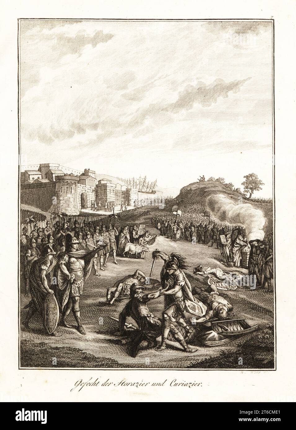 Il combattimento mortale tra le triplette di Horatii di Roma e le triplette di Curiatii di Alba Longa, VII secolo a.C. L'ultimo fratello romano Horazio emerge vittorioso davanti agli eserciti di osservazione. Durante il regno del leggendario terzo re di Roma, Tullo Hostilius. Combat des Horaces et des Curiaces. Incisione a lastra di rame di David Weis su progetto di Gabriel de St Aubin dal professor Joseph Rudolf Zappes Gemalde aus der romischen Geschichte, Pictures of Roman History, Joseph Schalbacher, Vienna, 1800. Edizione tedesca di Abbe Claude Francois Xavier Millots Abrege de lHistoire Romaine. Foto Stock