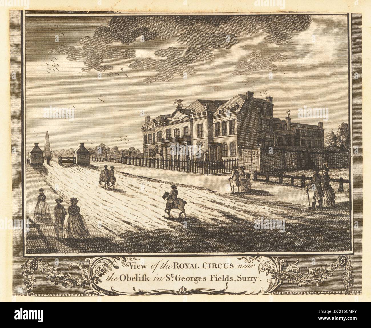 Vista del Royal Circus, Southwark, XVIII secolo. Il performer equestre Charles Hughes costruì il Royal Circus e l'Equestrian Philharmonic Academy a St. Georges Fields nel 1782. L'obelisco è stato progettato dall'architetto Robert Mylne. Incisione su lastra di rame da William Thorntons New, complete and Universal History of the City of London, Alexander Hogg, King's Arms, No. 16 Paternoster Row, Londra, 1784. Foto Stock