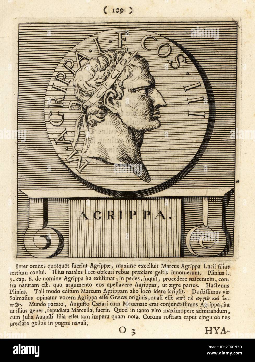 Marco Vipsanio Agrippa con indosso una corona rostrale, circa 64/62 12 a.C., generale romano nella battaglia di Azio, statista e architetto del Pantheon. Da una moneta coniata sotto Titus. M. AGRIPPA L F COS III. Incisione su lastra di rame di Pieter Bodart (1676-1712) da Henricus Spoors Deorum et Heroum, Virorum et Mulierum Illustrium Imagines Antiquae Illustatae, Gods and Heroes, Men and Women, Illustrated with Antique Images, Petrum, Amsterdam, 1715. Pubblicato per la prima volta come Favissæ utriusque antiquitatis tam Romanæ quam Græcæ nel 1707. Henricus Spoor era un medico olandese, studioso classico, poeta e scrittore, fl Foto Stock