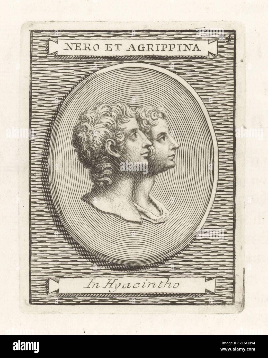 L'imperatore romano Nerone 37-68, e sua madre Agrippina il giovane, 15-59. Gemma incisa in jacinth. Nero et Agrippina in Giacinto. Incisione su lastra di rame di Francesco Valesio, Antonio Gori e Ridolfino Venutis Academia Etrusca, Museo Cortonense in quo vera Monumenta, (Accademia Etrusca o Museo di Cortona), Faustus Amideus, Roma, 1750. Foto Stock