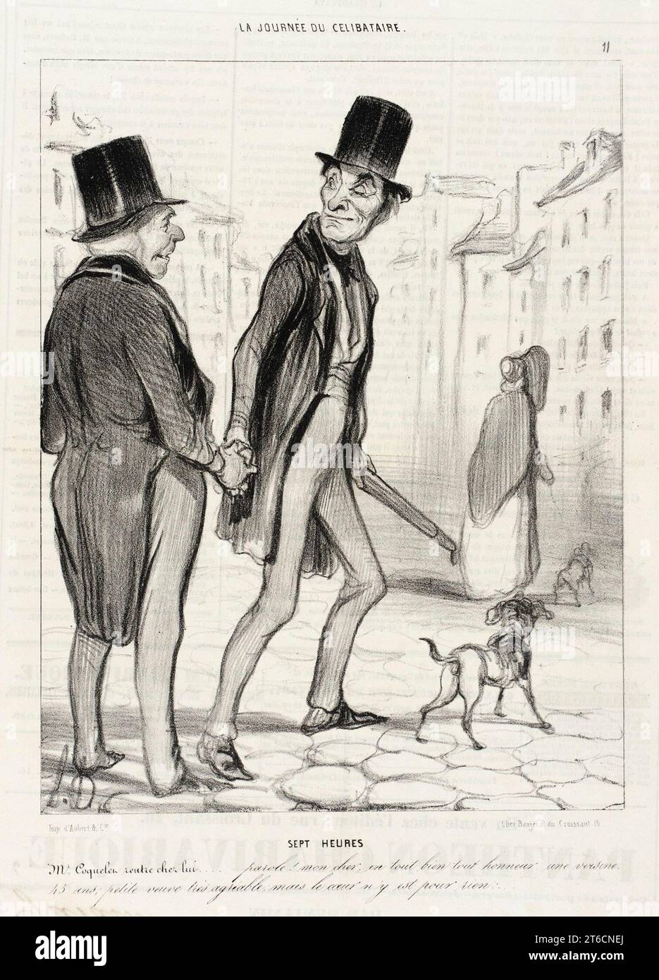 Settembre 1839. Alle sette. Mr. Coquelet affitta chez lui...'parole! mon cher, en tout bien tout honneur, une voisine 45 ans, petite veuve très agréable, mais le coeur n'y est pour rien...'. Monsieur Coquelet torna a casa... bontà! mio caro amico, con tutto il rispetto, un vicino di casa di 45 anni, una vedova molto piacevole, ma non ha cuore... Serie: La Journée du Célibataire; periodico: Le Charivari, 4 settembre 1839. Foto Stock