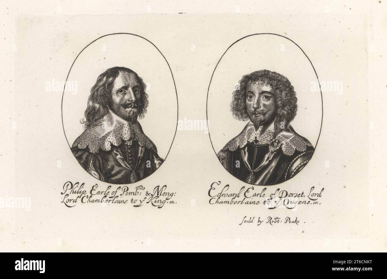 Philip Herbert, IV conte di Pembroke e i conte di Montgomery, 1584-1650, cortigiano inglese, nobile e politico. Edward Sackville, IV conte di Dorset, 1591-1652, cortigiano inglese, soldato e politico. William Faithorne, venduto da Robert Peake. Incisione su lastra di rame dalla Samuel Woodburns Gallery di ritratti rari costituiti da piastre originali, George Jones, 102 St Martins Lane, Londra, 1816. Foto Stock