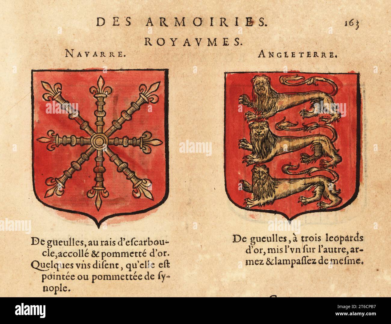 Stemmi del regno di Navarra, Spagna, con carbuncoli d'oro su campo rosso, e del Regno d'Inghilterra, con tre leopardi d'oro su campo rosso. Royaumes de Navarre et Angleterre. Incisione in legno a mano da Hierosme de Baras le Blason des Armoiries, Chez Rolet Bouton, Parigi, 1628. Foto Stock