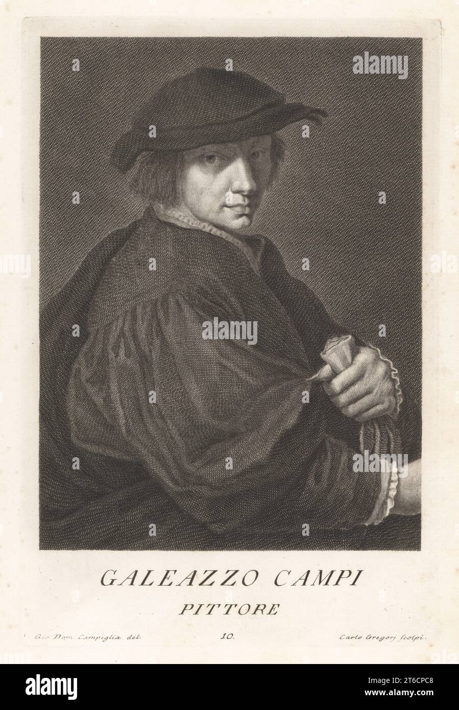 Galeazzo campi, pittore italiano del Rinascimento di Cremona in Lombardia, circa 1475-1536. Allievo di Boccaccio Boccaccini. I suoi dipinti si trovano nelle chiese di San Sigismondo, San Sebastiano e Sant'Agata, Cremona. Galeazzo campi di Cremona. Incisione in copperplate di Carlo Gregori dopo Giovanni Domenico Campiglia dopo un autoritratto dell'artista del Museo Florentino di Francesco Moucke, Serie di Ritratti de Pittori (Serie di ritratti di pittori) stamperia Mouckiana, Firenze, 1752-62. Foto Stock