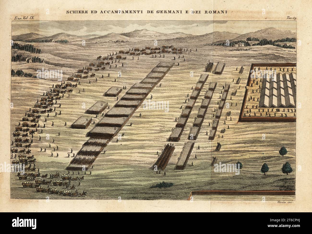 Vista della formazione della battaglia, dell'accampamento e della trincea degli eserciti tedeschi e romani nell'antica Germania. Legioni romane con aquile, cavalleria e caserma. Dalle illustrazioni di Andrea Palladios ai commentari di Giulio Cesare, 1575. Schiere ed accampamenti de Germani e dei Romani. Incisione su palo di Antonio Verico da Giulio Ferrarios Costumi antichi e moderni dei popoli del mondo, il Costume Antico e moderno, Firenze, 1844. Foto Stock