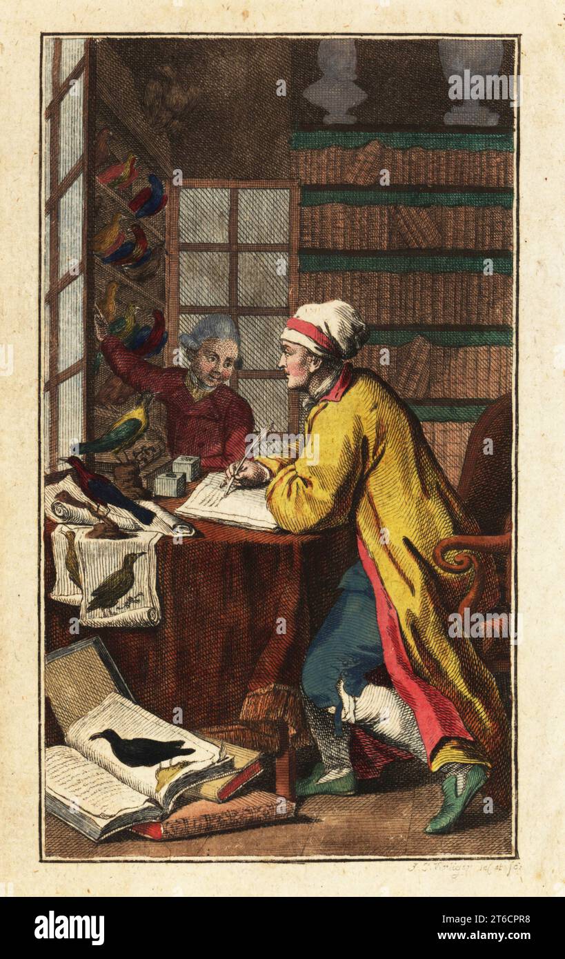 Ornitologo tedesco nel suo studio, 18 ° secolo. Scrivere in un libro con una penna di quill mentre si guarda un campione ripieno. Tassidermy monta di uccelli in un armadietto di curiosità, e biblioteca di libri legati in pelle. Incisione a mano su copperplate disegnata ed incisa da J.C. Virliger di Bernhard Christian otto's Herrn von Buffons Naturgeschichte der Vogel, Buffon's Natural History of Birds, ben Joachim Pauli, Berlino, 1781. Foto Stock Ornitologo tedesco nel suo studio, 18 ° secolo. Scrivere in un libro con una penna di quill mentre si guarda un campione ripieno. Tassidermy monta di uccelli in un armadietto di curiosità, e biblioteca di libri legati in pelle. Incisione a mano su copperplate disegnata ed incisa da J.C. Virliger di Bernhard Christian otto's Herrn von Buffons Naturgeschichte der Vogel, Buffon's Natural History of Birds, ben Joachim Pauli, Berlino, 1781. Foto Stock