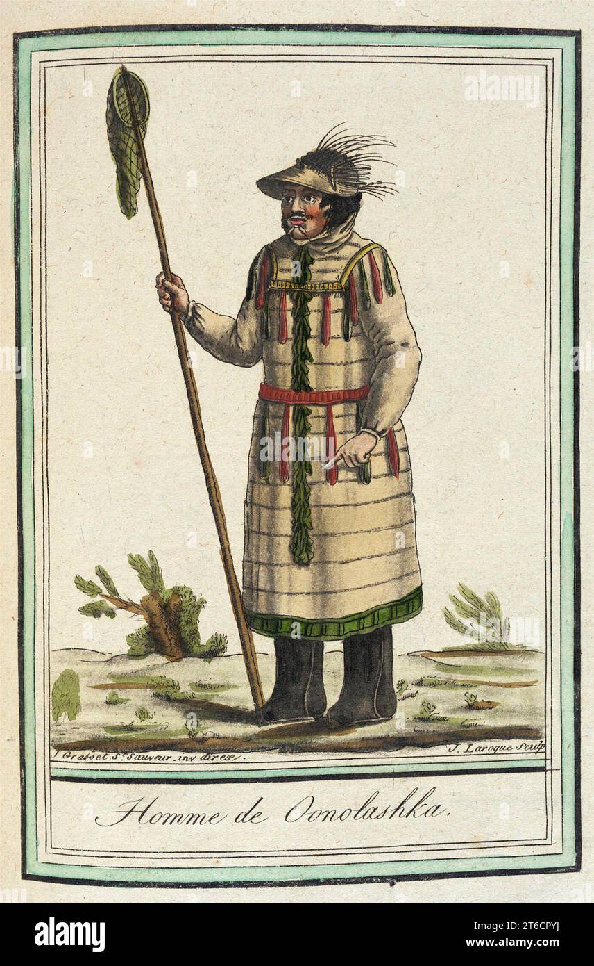Costumes de Difféaffitti paga, 'Homme de Oonolashkaa', c1797. Foto Stock