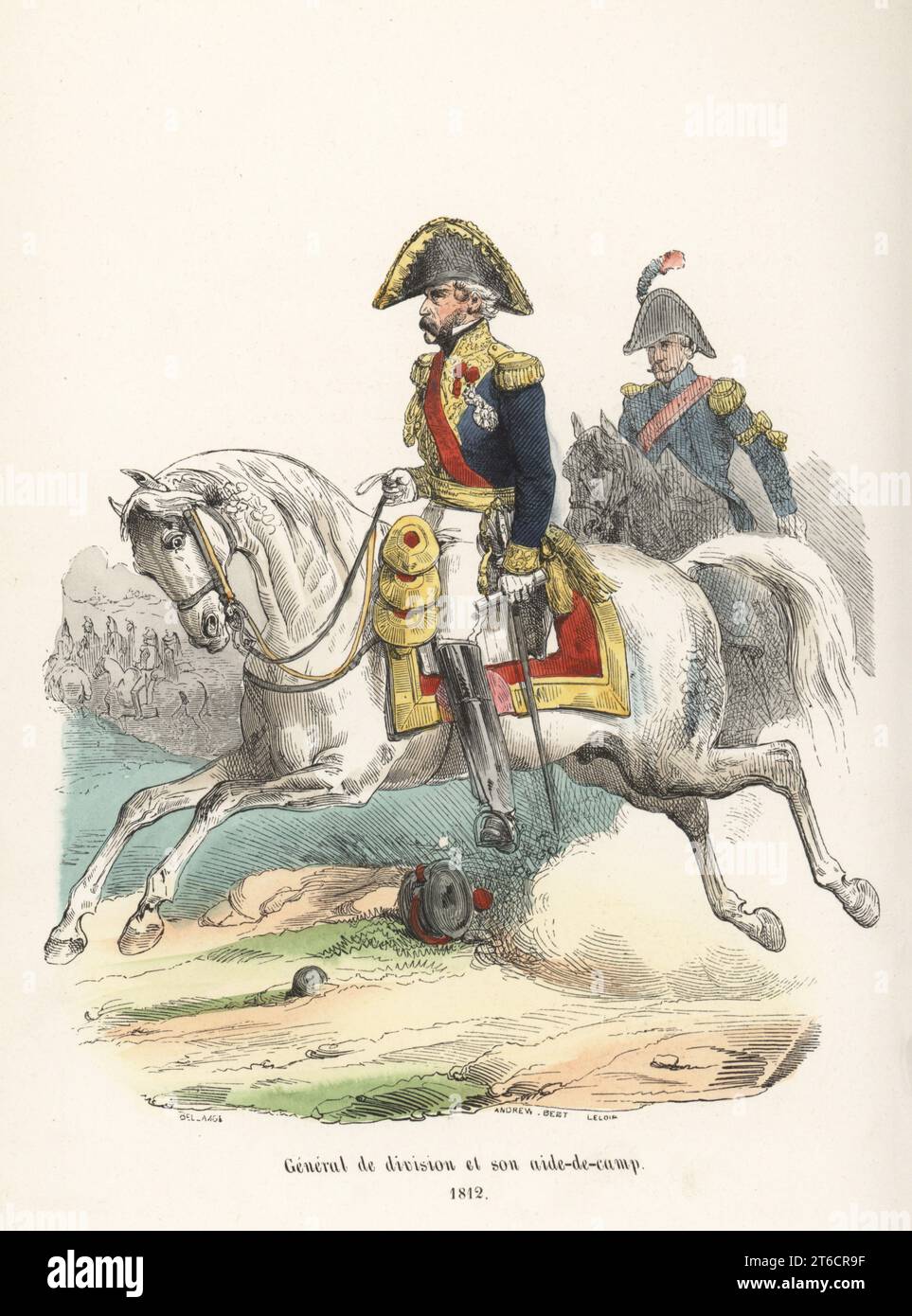 Maggiore generale francese e il suo aiutante di campo cavalcando con le truppe, 1812. In bicorne, giacca con spalline e aiguillettes dorate, pantaloncini e stivali, armati di spada dritta. General de Division et son aide-de-camp, 1812. Taglio in legno a mano di Andrew Best Leloir dopo un'illustrazione di Hippolyte Bellangé da P.M. Laurent de lArdeches Histoire de Napoleon, Parigi, 1840. Foto Stock