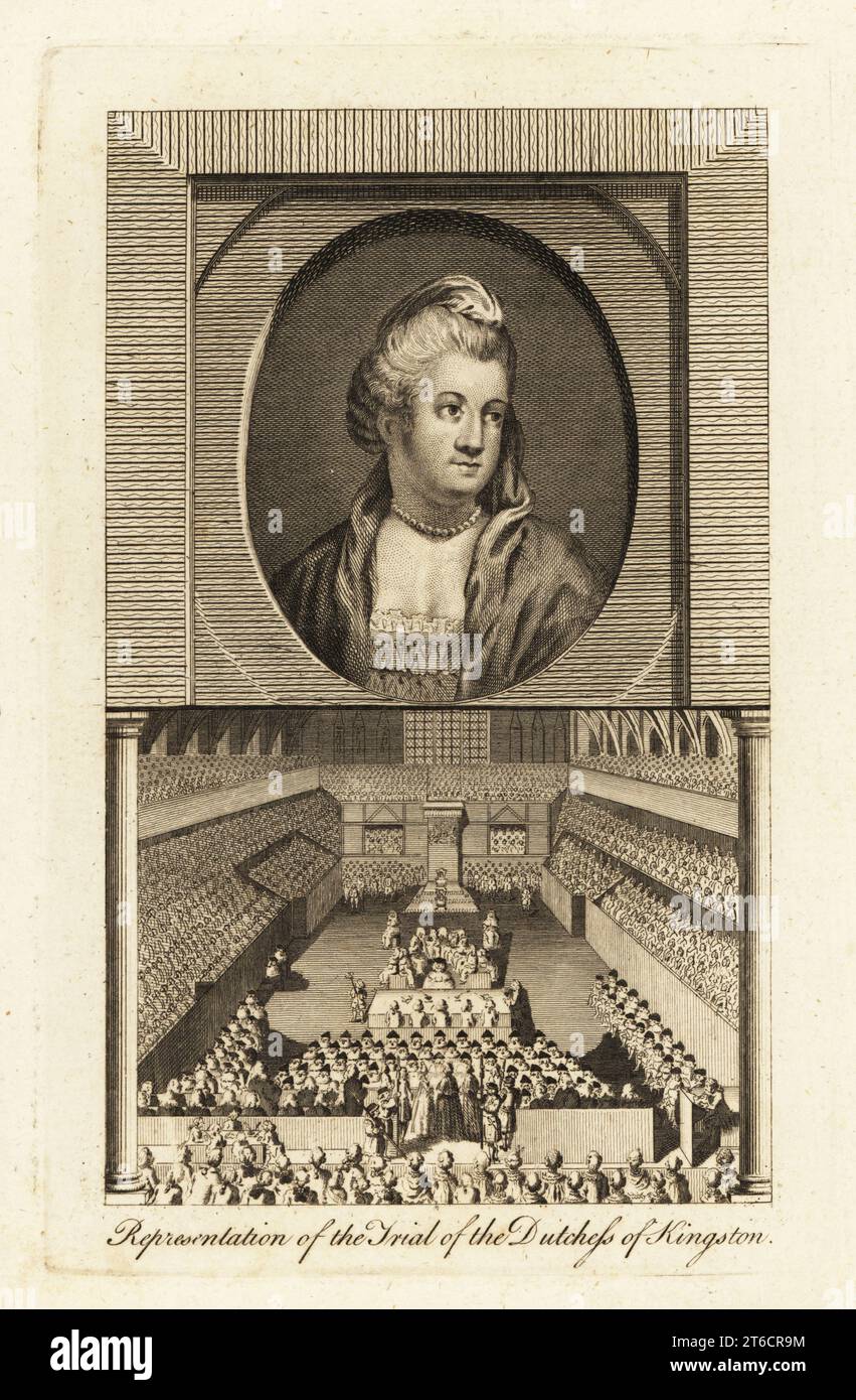 Elizabeth Pierrepont (1721-1788), duchessa bigamista di Kingston-upon-Hull e contessa di Bristol. Elizabeth Chudleigh sposò Augustus Hervey nel 1744, amante del re Federico il Grande, sposò Evelyn Pierrepont, II duca di Kingston, nel 1769. Vignette mostra la sua prova per bigamy a Westminster Hall nel 1776. Riproduzione del processo della Dutchessa di Kingston. Incisione su copperplate di autore sconosciuto con ritratto e scena di prova pubblicato a Londra circa 1780. Foto Stock
