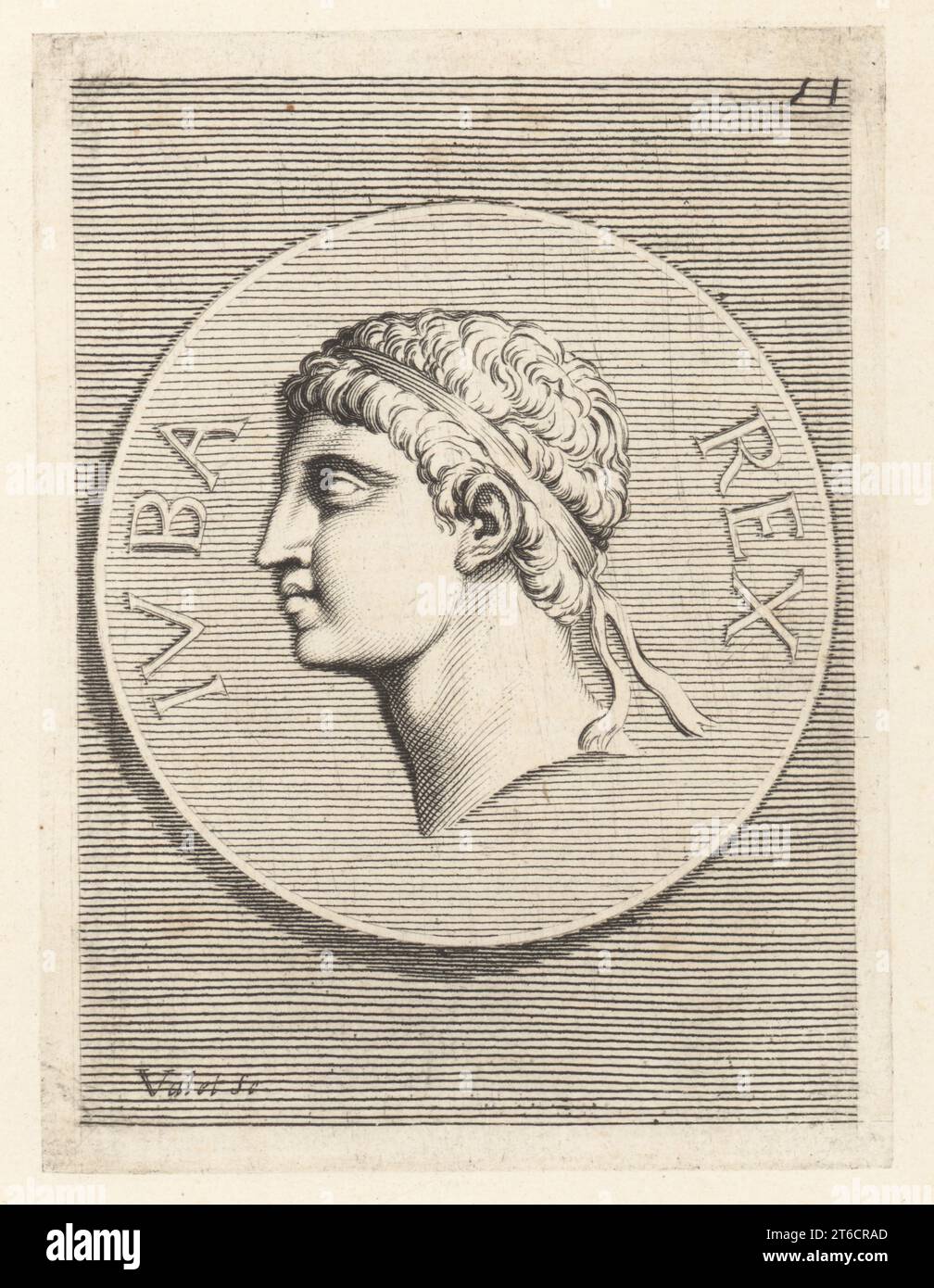 Re Giuba II o Giuba di Mauretania, 48 a.C. circa - 23 d.C., figlio di Giuba i, re cliente di Numidia e Mauretania. Capo di un giovane con un diadema reale. Da una moneta d'argento. Iuba il giovine. Incisione su lastra di Guillaume Vallet su Giovanni Angelo Canini di Iconografia, cioe disegni d'imagini de famosissimi monarchi, regi, filososi, poeti ed oratori dell'Antichita, disegni di immagini di famosi monarchi, re, filosofi, poeti e oratori dell'antichità, Ignatio deLazari, Roma, 1699. Foto Stock