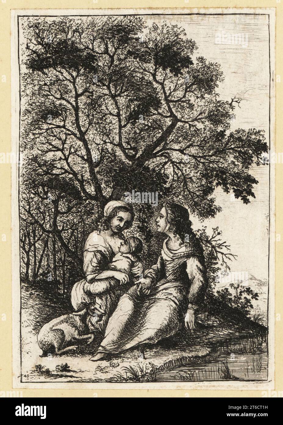 Scena rustica con due donne che parlano, una che allatta un bambino in abiti ondolanti, e un agnello, 17 ° secolo. Incisione su copperplate di David Deuchar da una collezione di Etchings dopo i più eminenti Maestri delle Scuole Olandese e Fiamminga, Edimburgo, 1803. Foto Stock