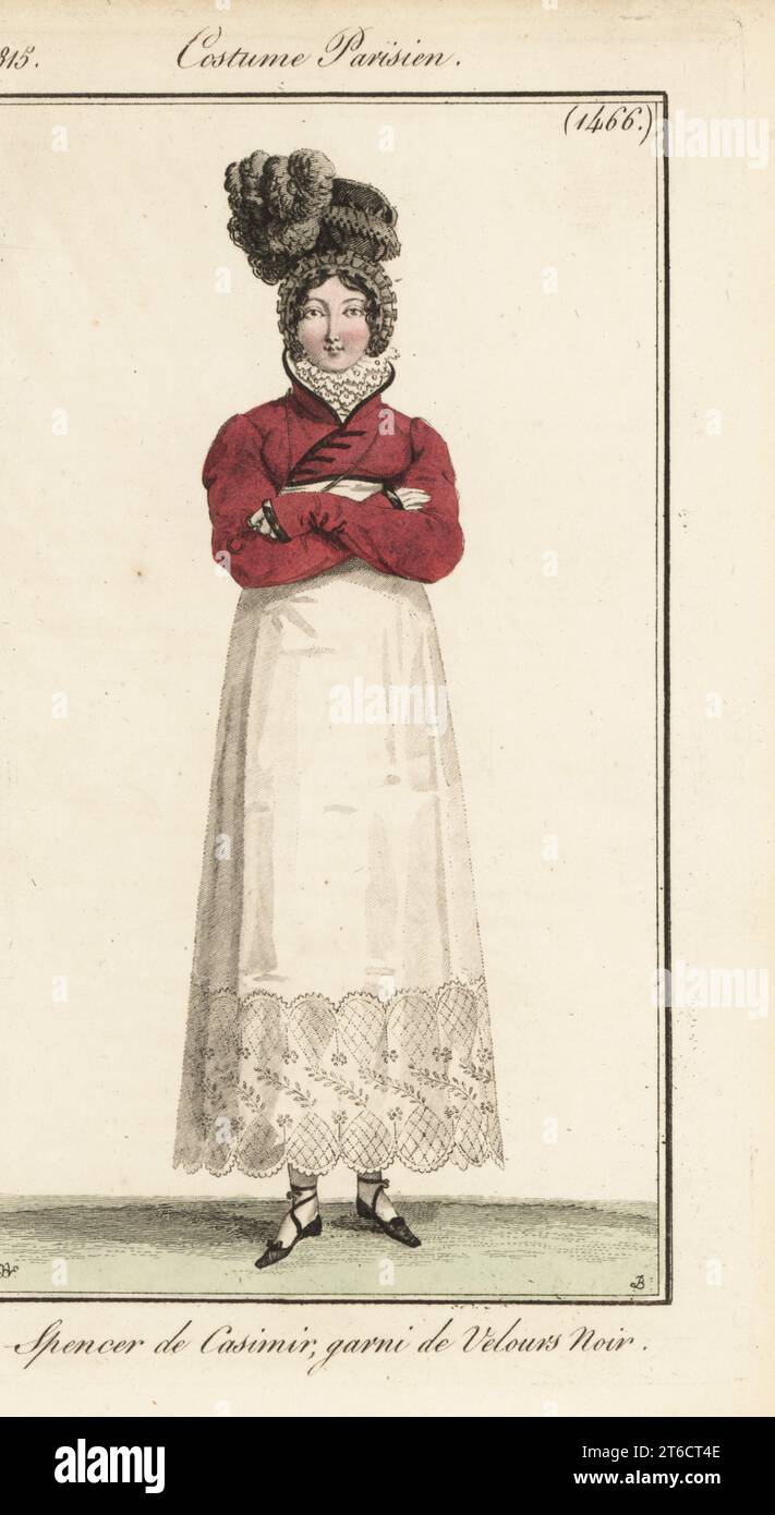 Donna con giacca Spencer pettinata decorata con velluto nero, abito in pizzo, cofano a peluche. Spencer de casimir, garni de velours noir. Incisione a mano di Jean Charles Baquoy su un piatto di Horace Vernet di Pierre de la Mesangeres Journal des Dames et des Modes, Magazine of Women and Fashion, Parigi, 1815. Foto Stock