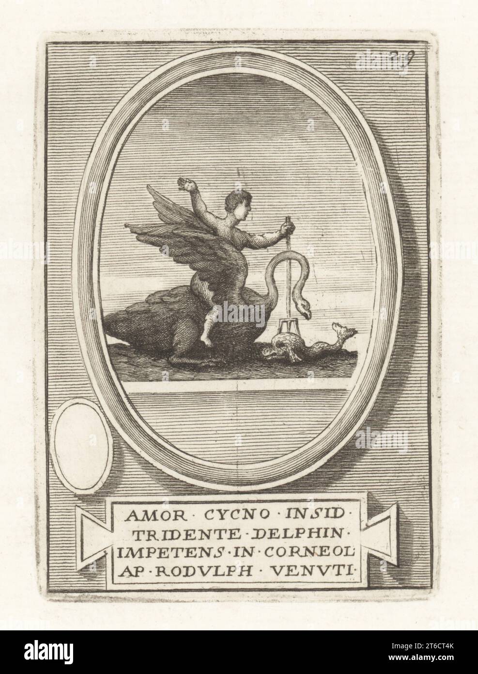 il dio romano Amor cavalca un cigno e attacca un delfino con un tridente. Da una gemma corneliana incisa di proprietà di Ridolfino venuti. Amor Cycno Insid Tridente Delphin Impetens a Corneol ap Rodulph venuti. Incisione su lastra di rame di Francesco Valesio, Antonio Gori e Ridolfino Venutis Academia Etrusca, Museo Cortonense in quo vera Monumenta, (Accademia Etrusca o Museo di Cortona), Faustus Amideus, Roma, 1750. Foto Stock