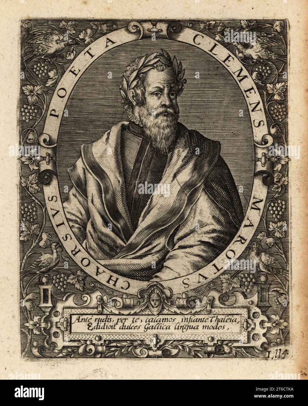 Clement Marot, poeta rinascimentale francese 1496-1544. Clemens Marotus Chaorsius poeta. Incisione su lastra di rame di Johann Theodore de Bry di Jean-Jacques Boissards Bibliotheca Chalcographica, Johann Ammonius, Francoforte, 1650. Foto Stock