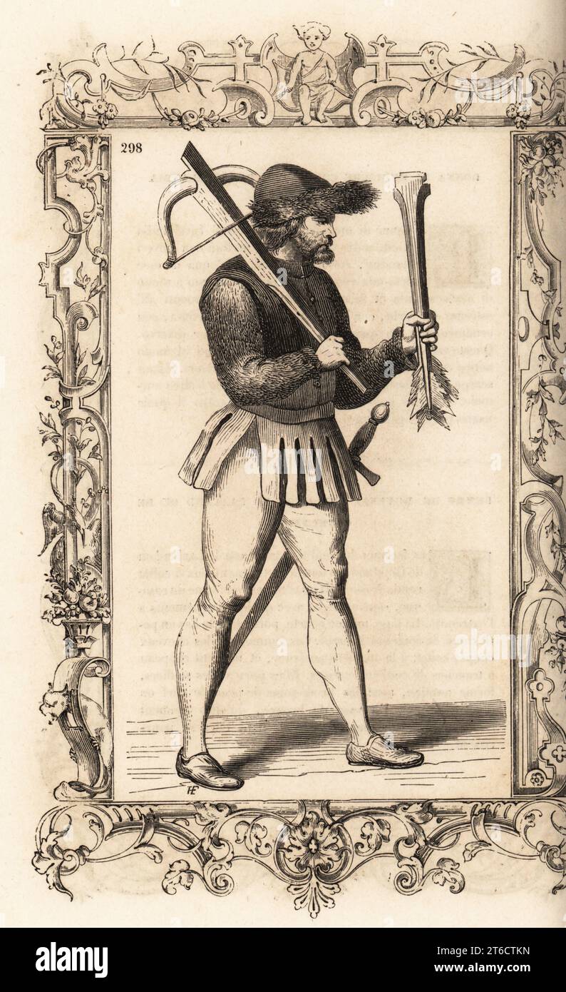 Costume di un uomo norvegese, XVI secolo. Un cacciatore in abiti di pelle di cervo e camoscio, berretto di pelliccia, armato di balestra, frecce e spada. All'interno di una cornice decorativa incisa da H. Catenacci e Fellmann. Incisione a blocchi di legno di Gerard Seguin e E.F. Huyot dopo un taglio su legno di Christoph Krieger di Cesare Vecellios Costumes anciens et modernes del XVI secolo, Habiti antichi et moderni di tutto il mondo, Firman Didot Ferris Fils, Parigi, 1859-1860. Foto Stock