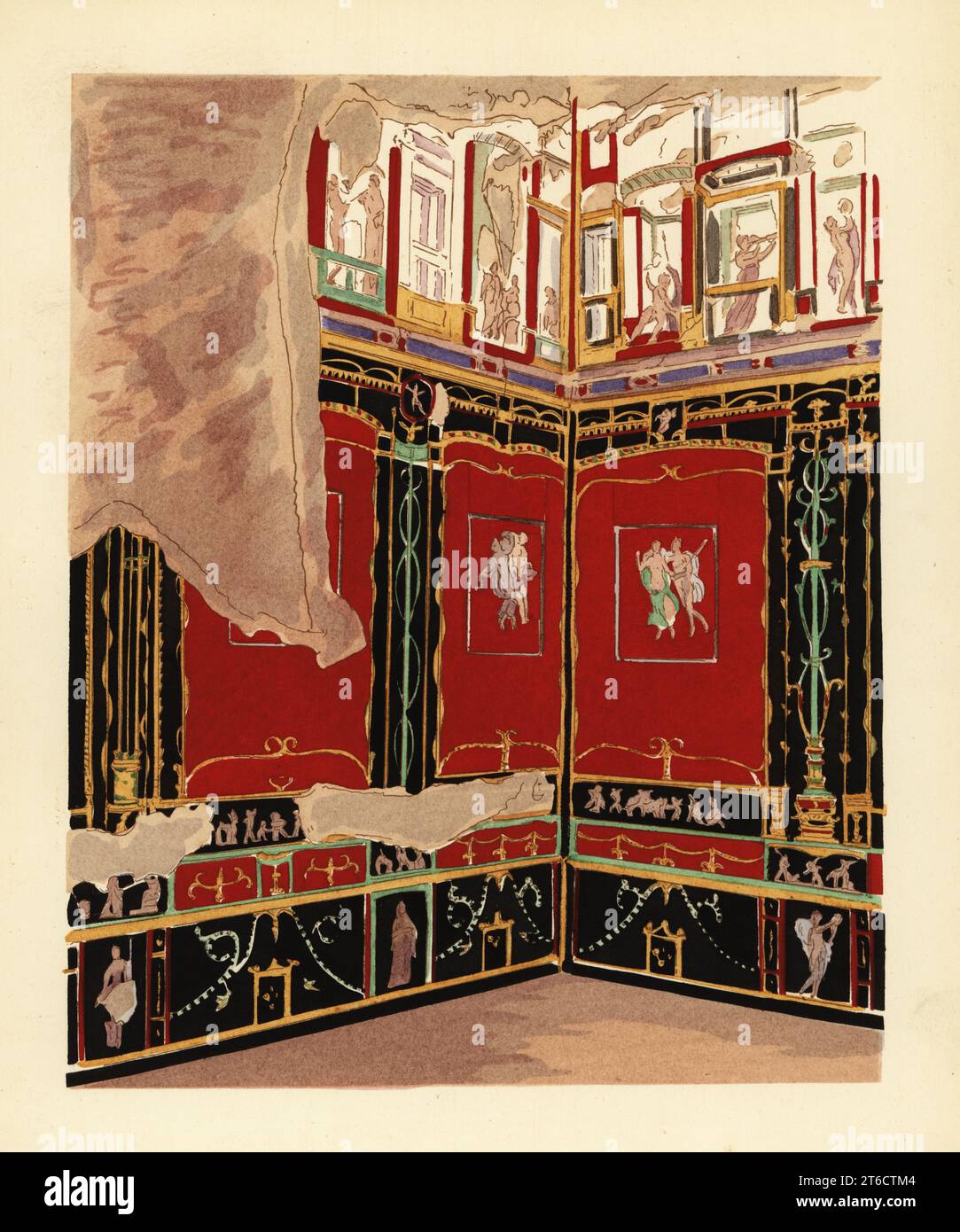 Exedra nella Casa dei Vetti, Pompei. Quarto stile pompeiano. Casa dei Vettii o Casa del Domus Vettiorum. Exedra de la maison de Vettii, Regione VI.15.1. Stile Quatrieme. Litografia di Pierre Guzman dal suo murale di decorazione a Pompei, (decorazione del muro a Pompei), Edizioni Albert Morance), Parigi, 1924. Foto Stock