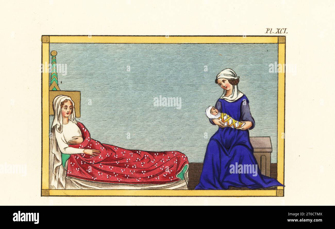 La camera delle Signore, 14 ° secolo. Donna che dorme a letto con ricchi copriletto F.153r, la Donna minacciata dal Drago a sette teste, Rev. 12: 4-5, nell'Apocalisse di Welles, Royal MS 15 D II. Nursemaid con bambino in abiti da rondere, F.010r, da una Bibbia scolastica di Petrus Comestor e Guyart Desmoulins, Bodleian Library, MS Douce 211. Incisione a mano di Joseph Strutt dalla sua visione completa del vestito e delle abitudini del popolo d'Inghilterra, Henry Bohn, Londra, 1842. Foto Stock