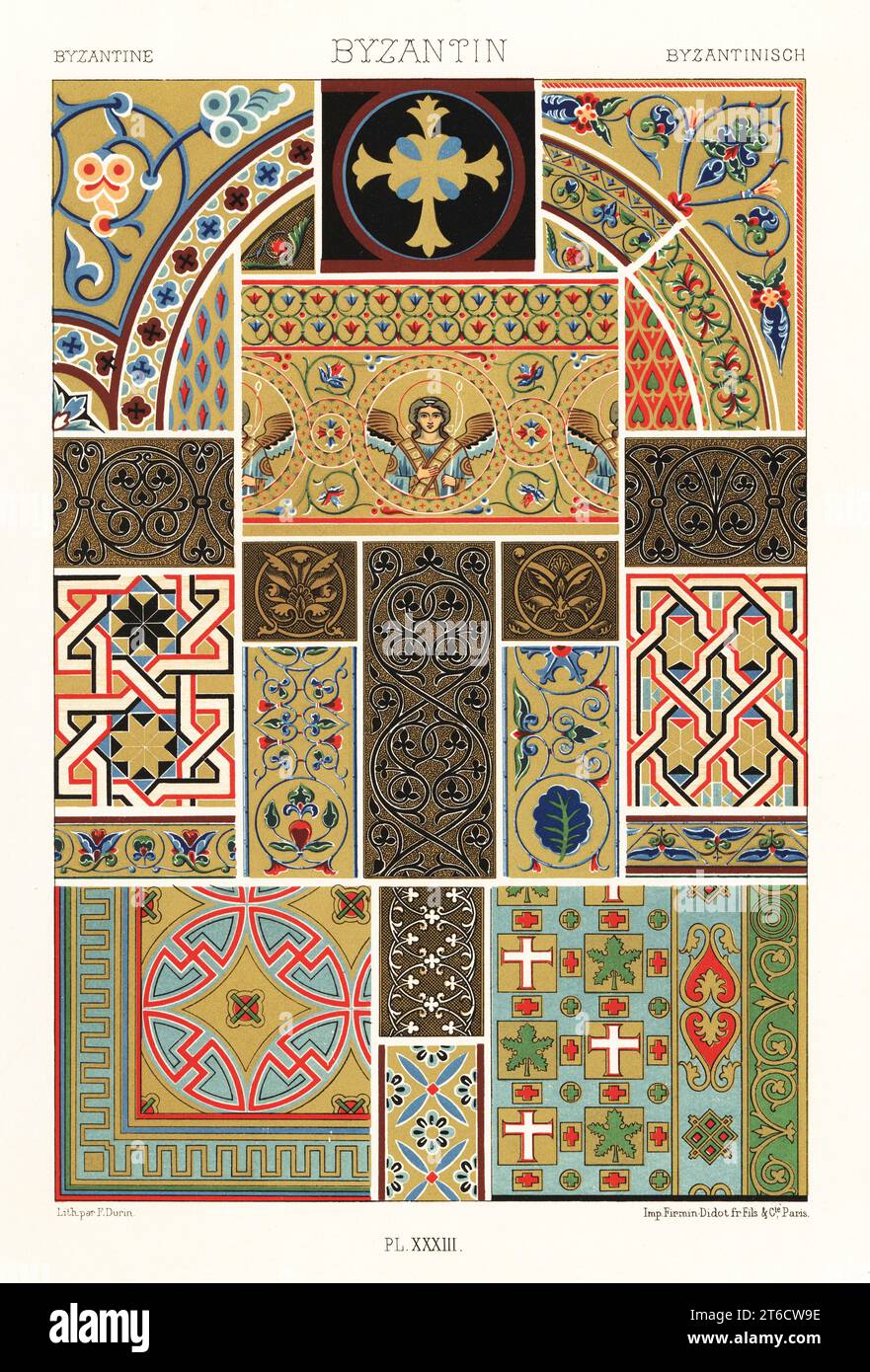 Medioevo: Mosaici in stile bizantino, lavori intarsiati, nielli e dipinti. Esempi di arte bizantina da San Giorgio, Santa Sofia (Tessalonica), Cattedrale di Ravello, angelo dalla Cattedrale di Monreale, Cappella Palatina, e da manoscritti miniati greci nella Bibliotheque Nationale, MS 64, MS 139, MS 230. Byzantin. Cromolitografia rifinita a mano da F. Durin di Albert-Charles-Auguste Racinets LOrnement Polychrome, (decorazione policromatica), Firmin-Didot, Parigi, 1869-73. Foto Stock