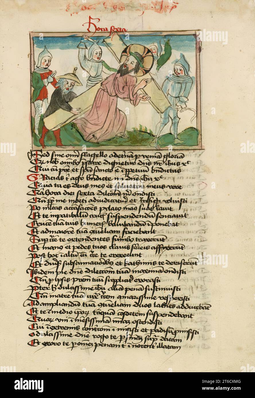 Cristo che porta la croce, 1475. Una sola foglia da un breve lavoro sulla passione di Cristo, creato nel sud della Germania. Questa pagina contiene illustrazioni dei segmenti Sext e None di De Septem Stationibus Passionis Christi. Questo testo anonimo, scritto in versi rimati, fu spesso aggiunto allo Speculum Humanae Salvationis, che potrebbe essere stato il contesto di questa foglia. L'effetto delle immagini, scritte e illuminate su carta con contorni di inchiostro pesante e lavaggi di colore, assomiglia molto a quello delle xilografie colorate dello stesso periodo. Foto Stock