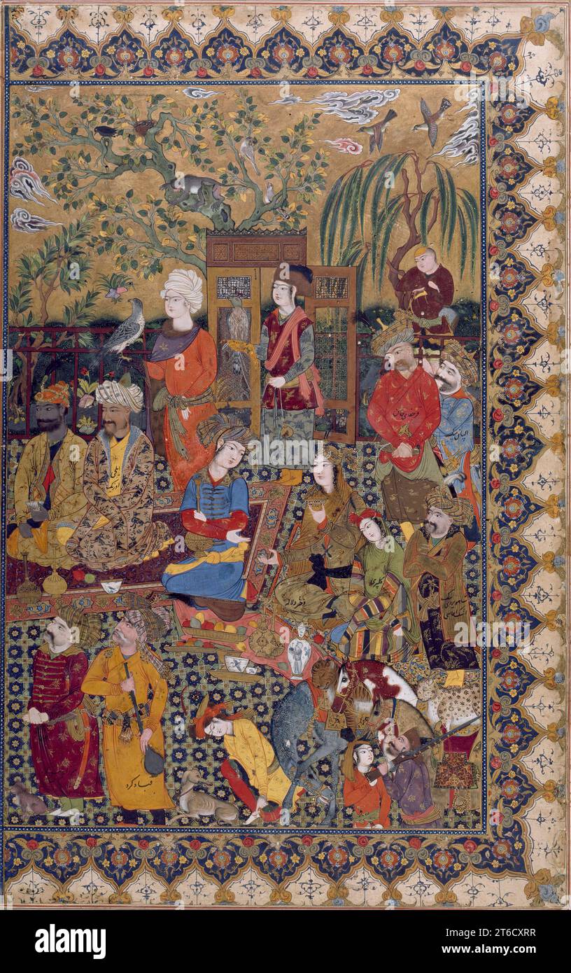 Una sola foglia di cortigiani ad un ricevimento di Shah `Abbas i, metà XI secolo AH/XVII secolo d.C. Il lato destro di una composizione a doppia pagina, che molto probabilmente serviva come frontespizio di un manoscritto. Alcuni cortigiani di Shah 'Abbas i sono identificati per nome. All'estrema destra due uomini stanno indossando turbanti con estensioni verticali tenute al centro, che sono identificati come Alpan Bik (Beg) (in una veste blu) e Qarajaghay Khan (in una veste rossa). Qarajaghay Khan, un armeno della casa reale, detenne una serie di posizioni politiche a corte ed era un importante mecenate delle arti In piedi lo Foto Stock