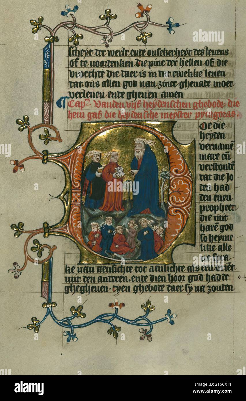 Pitagora e i suoi discepoli, 1400-1404. Pagina da "Tafel van den Kersten Ghelove" (Handbook of the Christian Faith) del teologo dominicano olandese DIRC van Delf, un'enciclopedia di teologia scolastica scritta per un pubblico laico nel vernacolare locale, olandese medio. Foto Stock