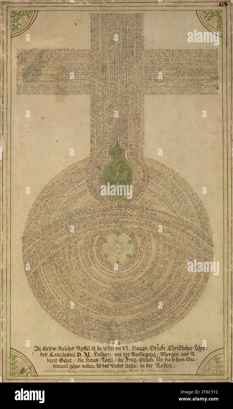 Monofoglia con design Luterano Devotional, 1752. Questa foglia, che sembra essere stata creata come un'opera singolare piuttosto che come parte di un libro, fu progettata e realizzata da Johann Leonhard Tauber nel 1752. Tauber, che si identifica come un frantumatore di ghiaia di 63 anni a Norimberga, in Germania, "disegnò" usando linee di testi della dottrina cristiana, il catechismo di Martin Lutero e preghiere quotidiane. Egli identifica il design definitivo come "Reichs Apffel", o "Orb dell'Impero". Scritto nella scrittura più minuta, con il testo più piccolo al centro del fiore praticamente illegibl Foto Stock